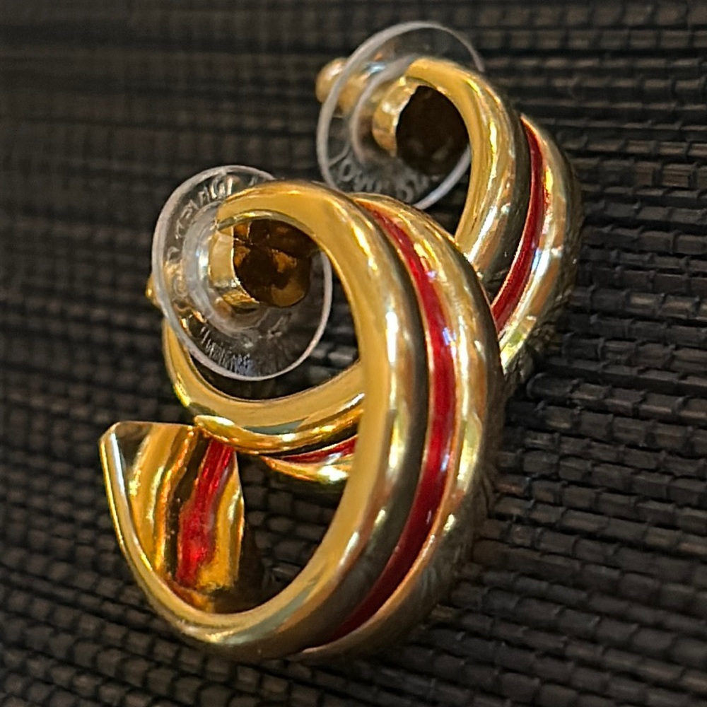 VTG Joan Rivers Hoop Earrings, gold color with red enamel